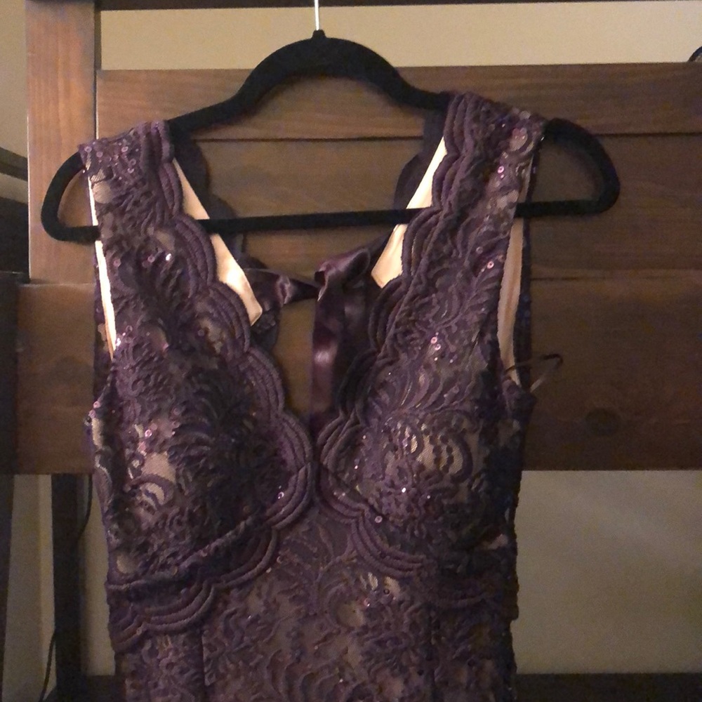 Purple Open back Floor Length Lace Gown